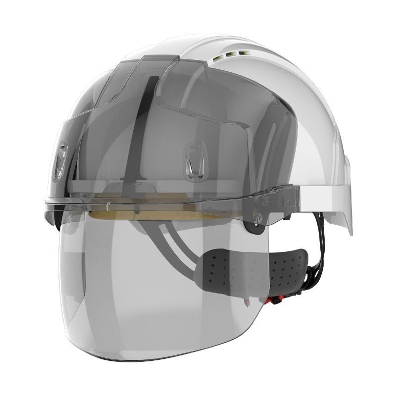 Achetez JSP CASQUE DE SÉCURITÉ EVO VISTASHIELD VENTILÉ, BLANC/CAPOT FUMÉ AVEC ÉCRAN INTÉGRÉ ANTI-BUÉE, ANTI-RAYURES KN en ligne 