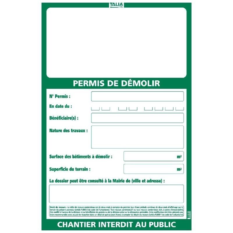 Achetez TALIA PERMIS DE DEMOLIR 1200X800MM en ligne sur MO-Shop