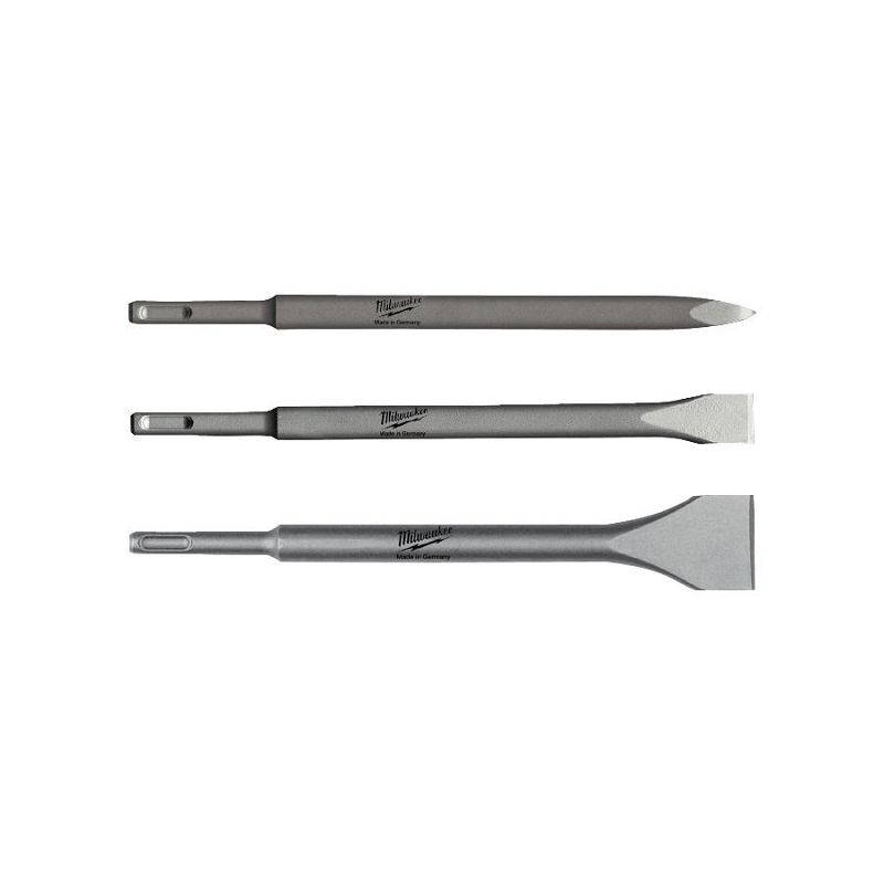 Coffret 3 burins SDS-Plus Milwaukee 250mm — Pic, plat, bêche — réf. 4932430001